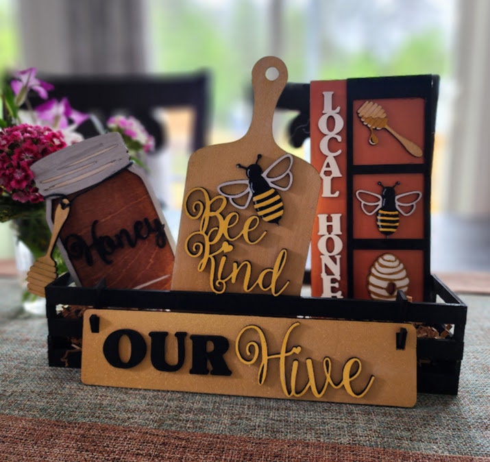 Wooden Wagon Insert with bee and honey-themed decorative signs including Bee Kind and Our Hive