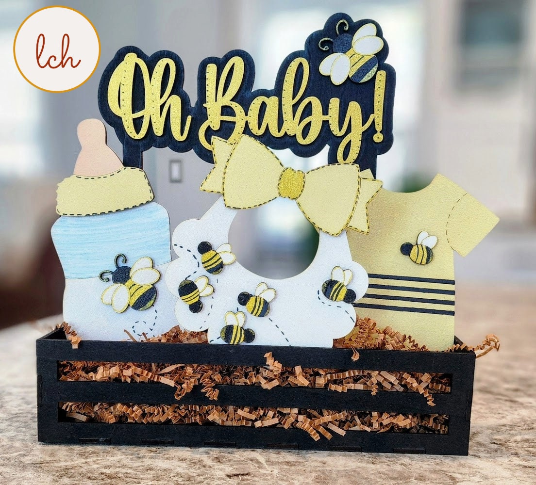Oh' Baby - Hand-painted Bee-Themed New Baby Interchangeable Shelf Sitter Inserts - Wooden Laser Cut Decor for Nursery - (Inserts Only)