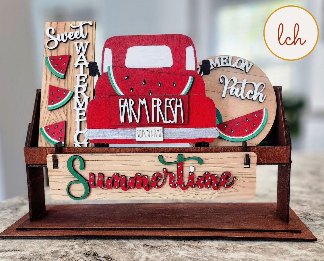 Handcrafted watermelon home accent wooden farm fresh summer decor with red truck and watermelon slices