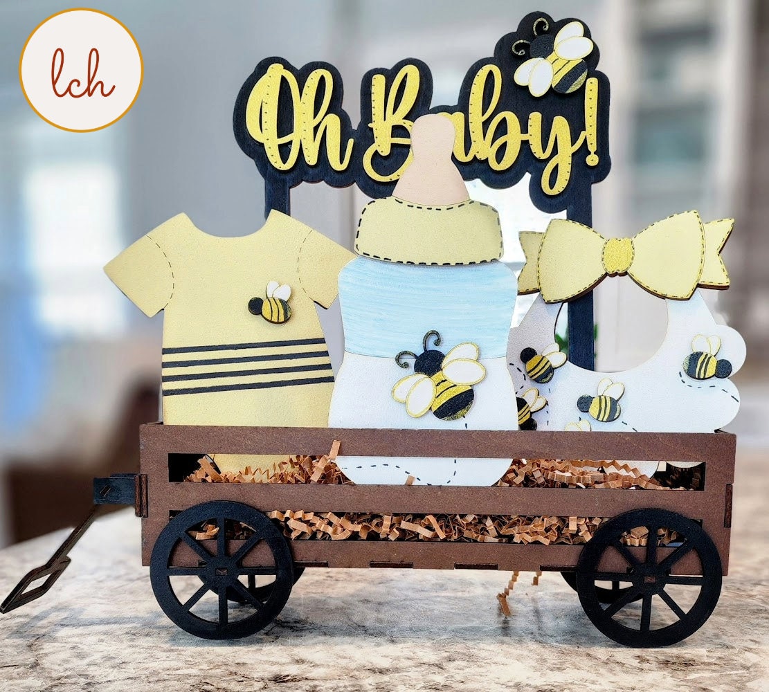 Oh' Baby - Hand-painted Bee-Themed New Baby Interchangeable Shelf Sitter Inserts - Wooden Laser Cut Decor for Nursery - (Inserts Only)