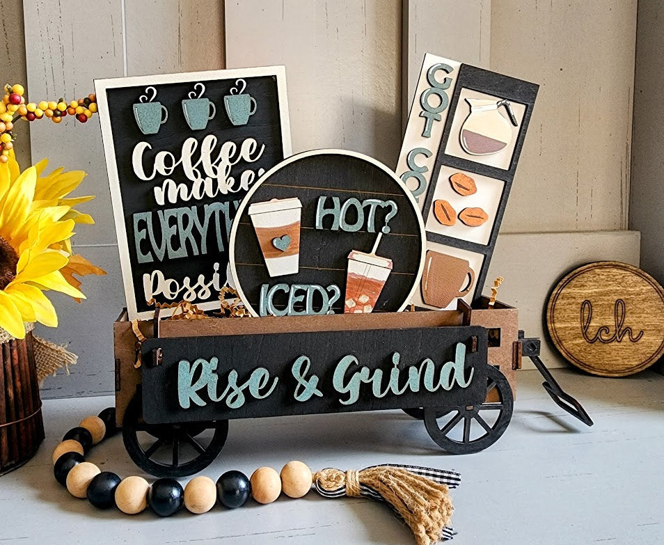 Hand-Painted Wooden Laser-Cut 'Rise & Grind' Coffee Themed Interchangeable Shelf Sitter Insert - Rustic Home Decor Accent (Insert Only)