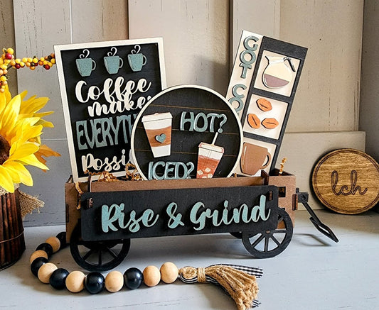Hand-Painted Wooden Laser-Cut 'Rise & Grind' Coffee Themed Interchangeable Shelf Sitter Insert - Rustic Home Decor Accent (Insert Only)