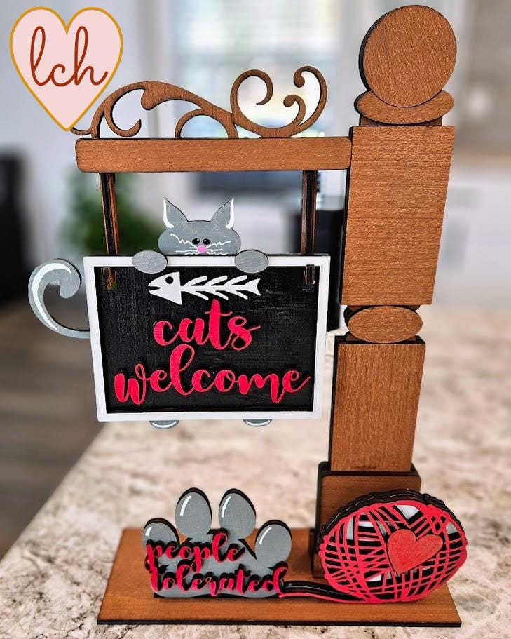 Cats Welcome, People Tolerated Mini Signpost/Door Insert - Wooden Laser Cut & Hand Painted (Insert Only)