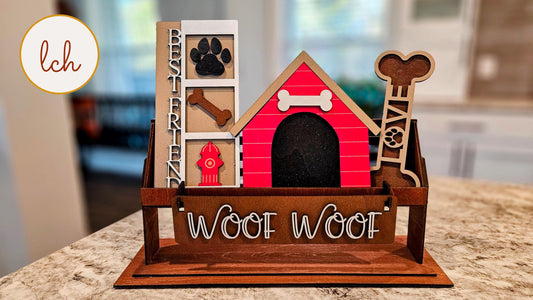 Customizable Woof Woof Dog Themed Wooden Laser Cut Hand Painted Interchangeable Shelf Sitter Insert - Inserts Only