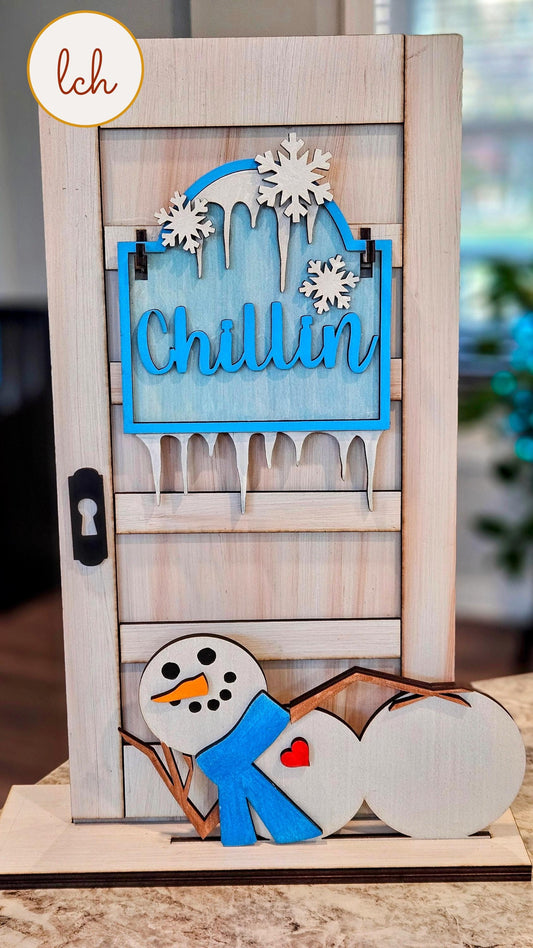 Snowman Chillin' Winter Wooden Laser Cut Hand Painted Mini Interchangeable Signpost Door Insert (Insert Only)