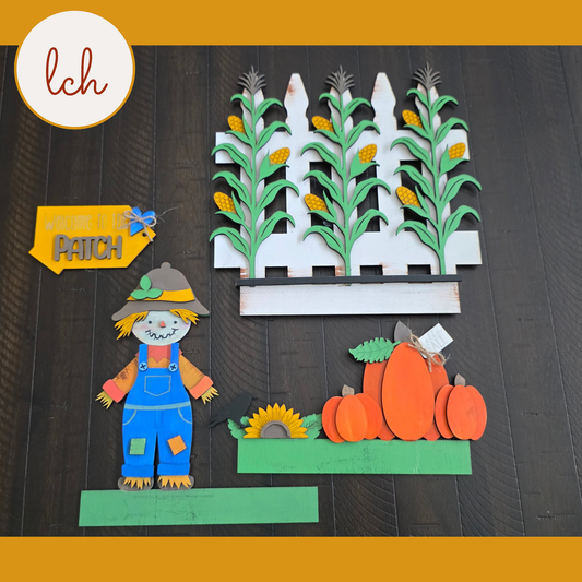 Welcome to Our Patch Scarecrow Insert | Fall Seasonal Wooden Laser Cut Hand‑Painted for Crate & Trunk Bases