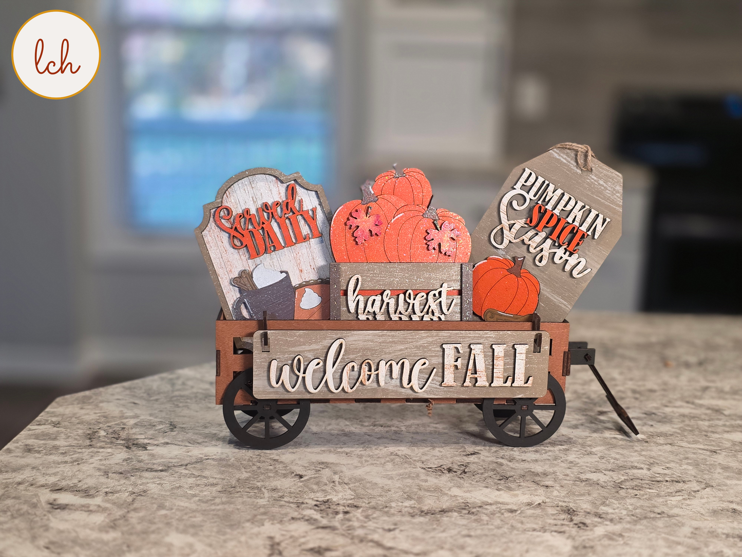Welcome Fall Pumpkin Spice Wagon & Raised Shelf Sitter Wooden Insert, Hand-Painted Seasonal Décor (insert only)