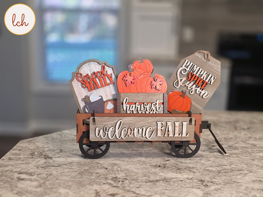 Welcome Fall Pumpkin Spice Wagon & Raised Shelf Sitter Wooden Insert, Hand-Painted Seasonal Décor (insert only)