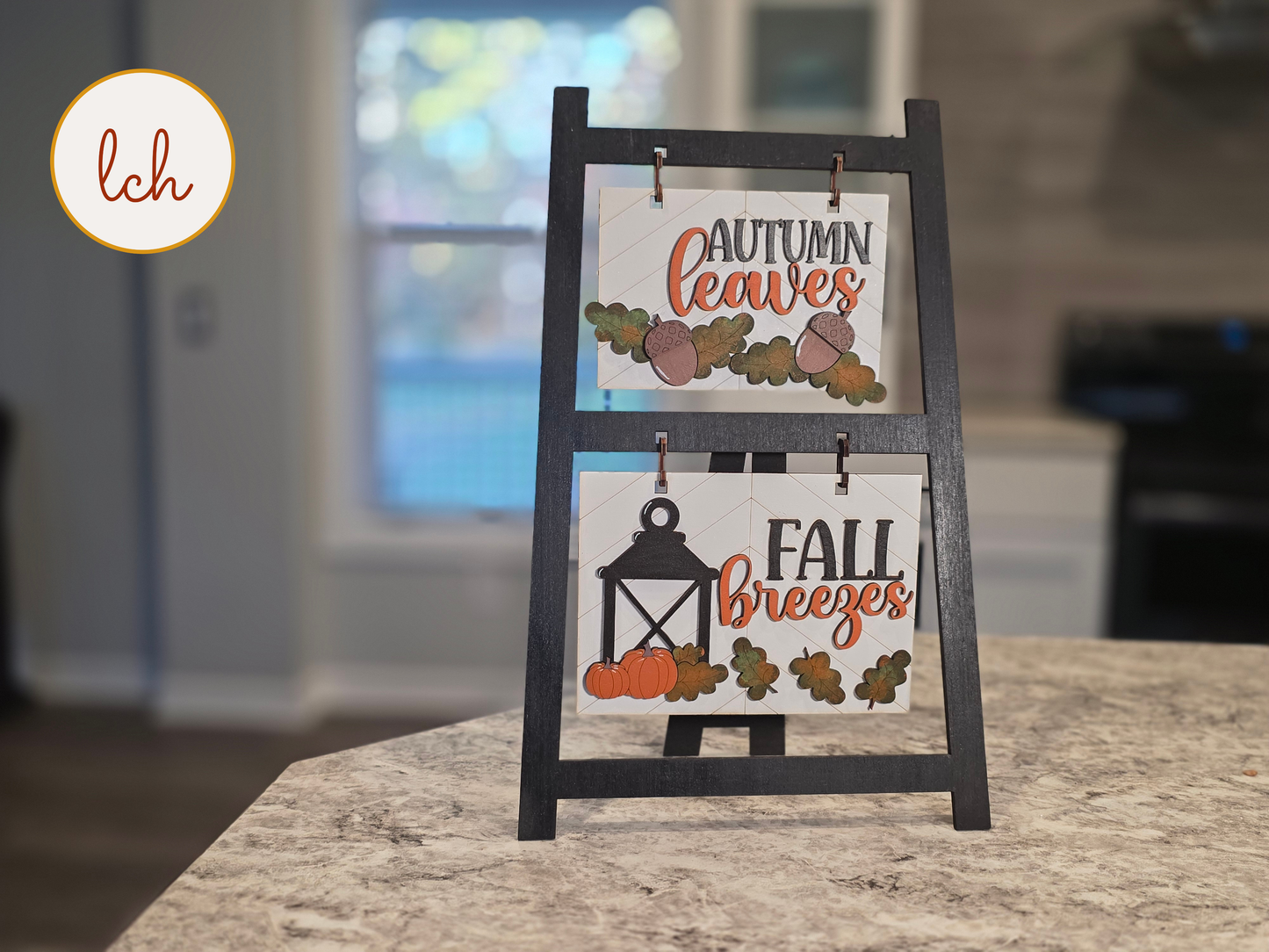 Autumn Leaves & Fall Breezes Wooden Ladder Picture Frame Hanger  Hand Painted Laser Cut Seasonal Fall Decor (hanger only)