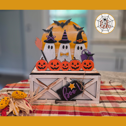 Halloween Boo! Ghost Witch Wood Insert, Hand-Painted Laser Cut Decor for Interchangeable Farmhouse Crate & Trunk Base