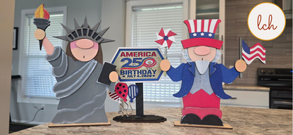 Uncle Sam & Statue of Liberty Gnome America 250 Birthday Wooden Laser Cut Hand-Painted Shelf Sitter Decor