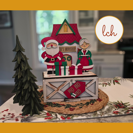Mr & Mrs Claus Santa House Insert, Interchangeable Trunk & Farmhouse Crate Sign, Hand-Painted Laser Cut Wood Christmas Holiday Decor