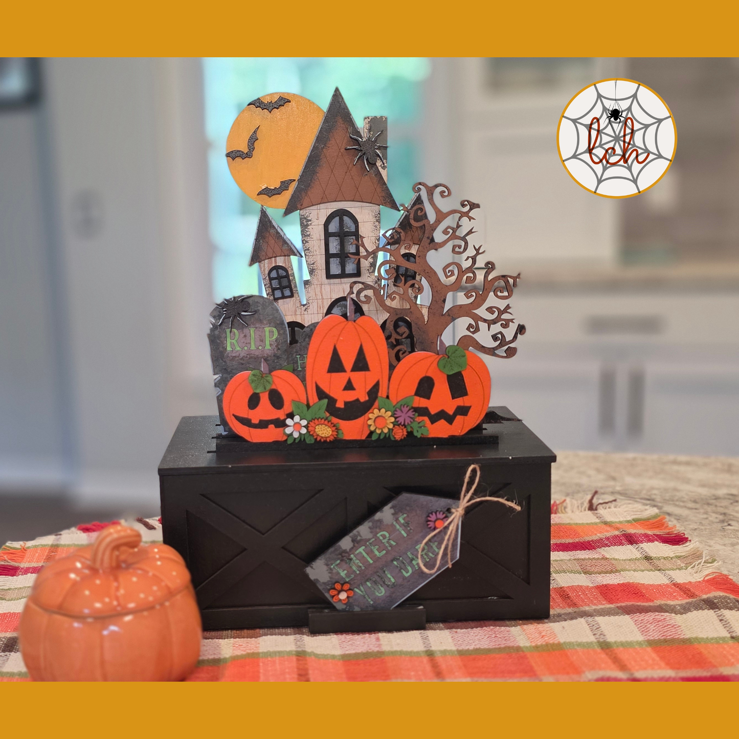 Halloween Haunted House Crate Insert | Interchangeable Enter If You Dare Wood Sign for Farmhouse Crate & Trunk | Hand Painted Laser Cut