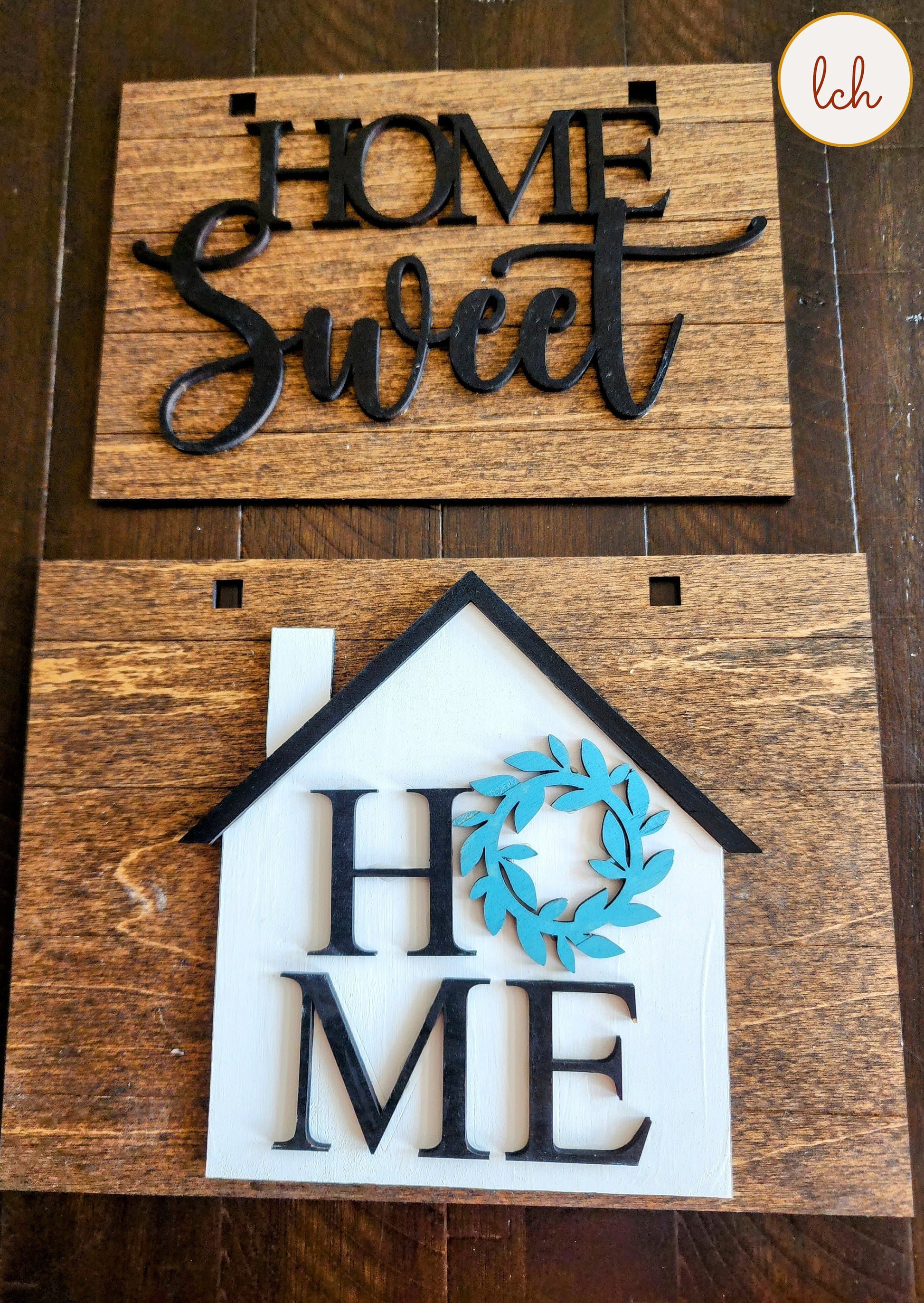 Wooden ladder picture frame hanger with home sweet and house designs for rustic wall decor