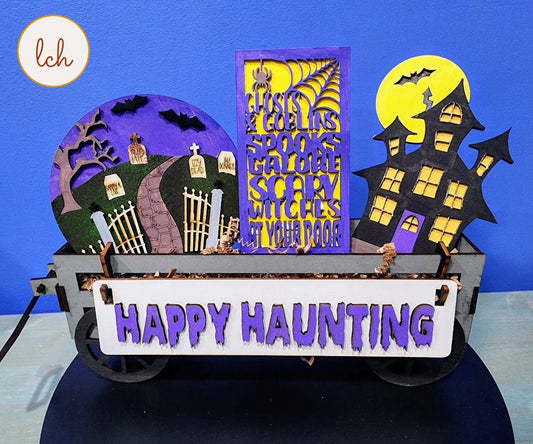 Happy Haunting Halloween Wooden Laser Cut Hand Painted Interchangeable Shelf Sitter Insert - Spooky Decor (Insert Only)