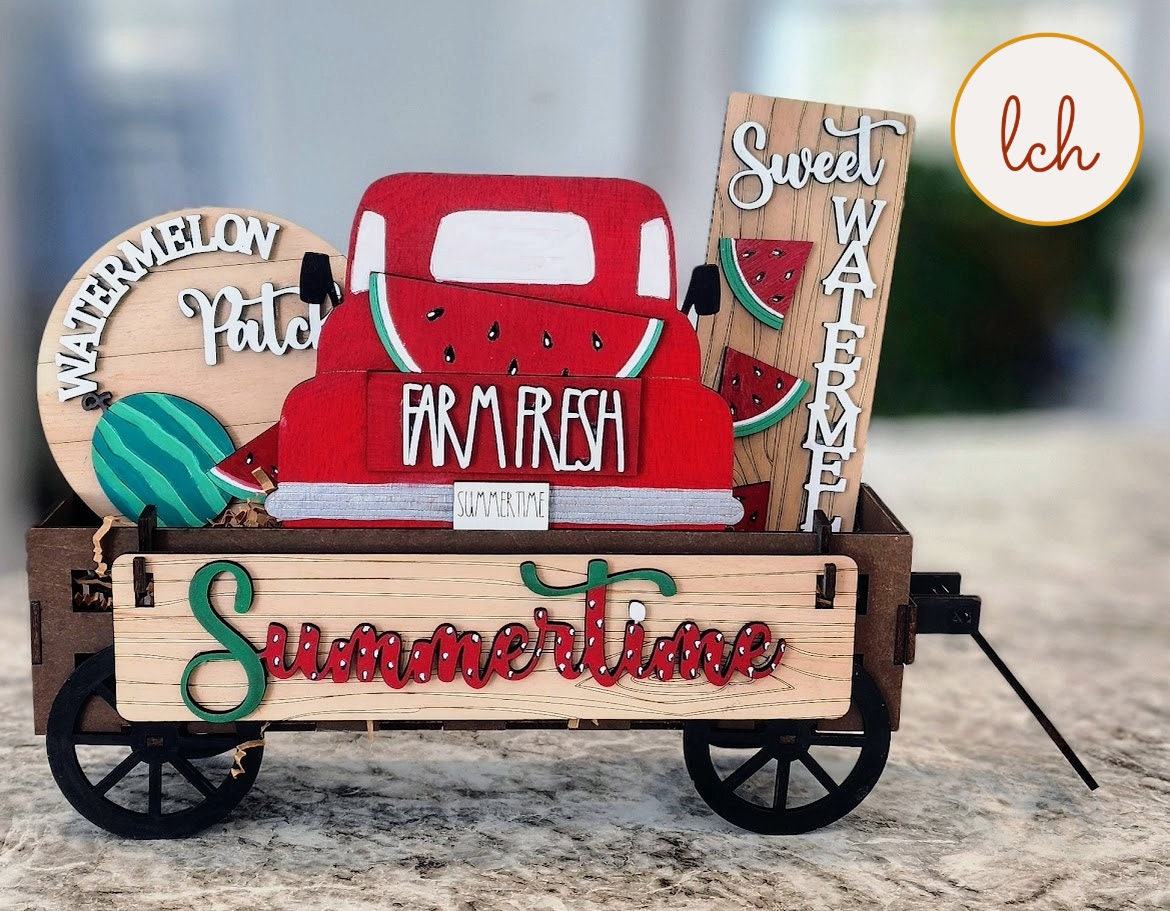 Handcrafted watermelon home accent wooden summer decor featuring red truck and watermelon designs