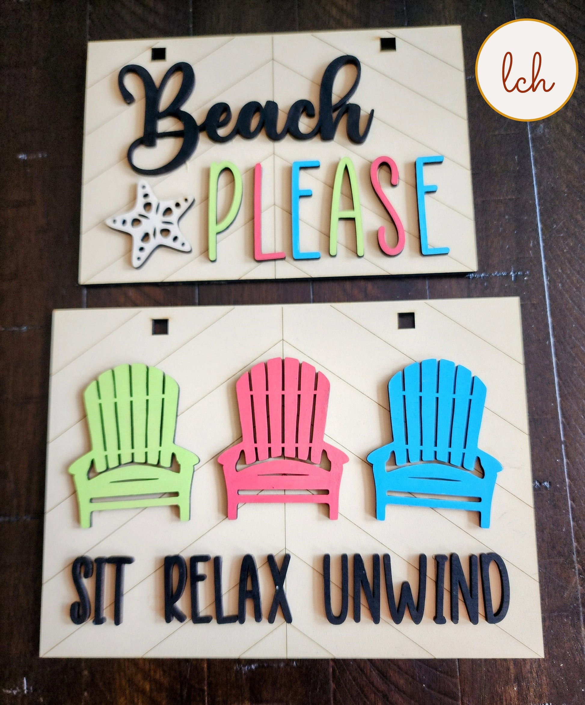 Wooden beach themed picture frame set with colorful chairs and decorative text for relaxing beach decor