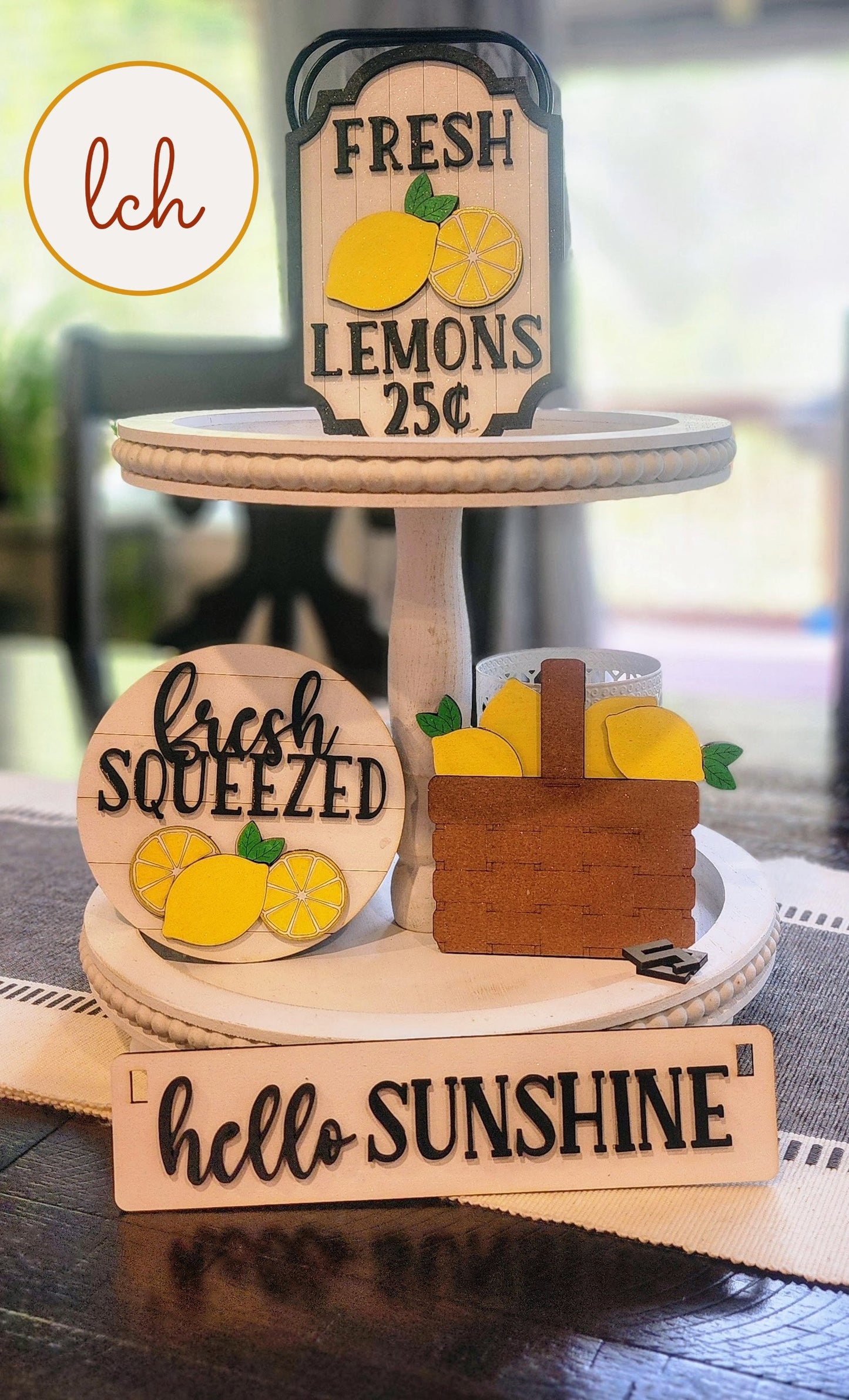Hand-Painted Summer-Themed Wooden Insert: Laser-Cut 'Hello Sunshine' & 'Fresh Squeezed' Shelf Sitter