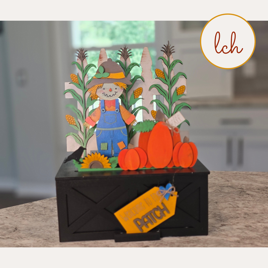 Welcome to Our Patch Scarecrow Insert | Fall Seasonal Wooden Laser Cut Hand‑Painted for Crate & Trunk Bases