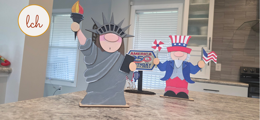 Uncle Sam & Statue of Liberty Gnome America 250 Birthday Wooden Laser Cut Hand-Painted Shelf Sitter Decor