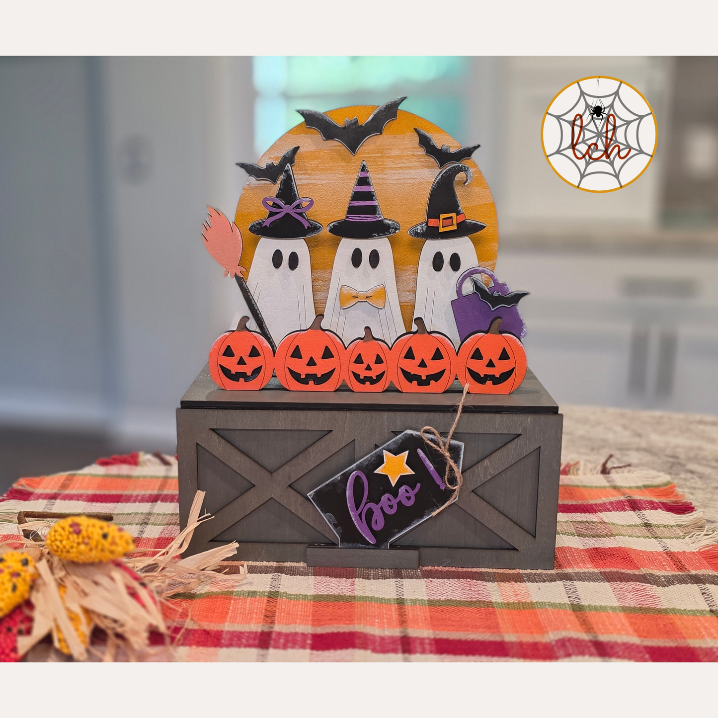 Halloween Boo! Ghost Witch Wood Insert, Hand-Painted Laser Cut Decor for Interchangeable Farmhouse Crate & Trunk Base