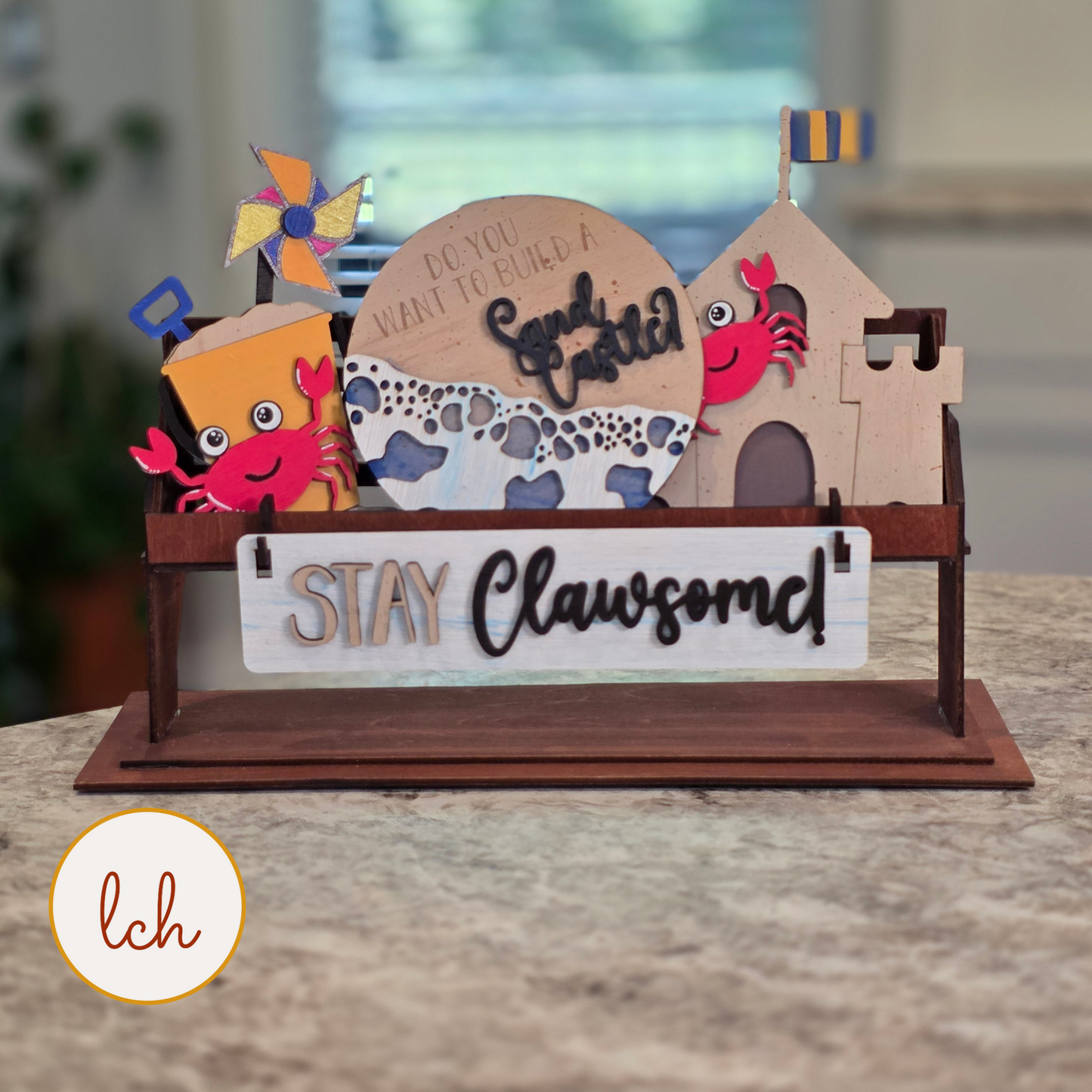 Crab Wagon Insert, "Stay Clawsome!" Hand Painted Sign, Beach Shelf Sitter Decor, Summer Tiered Tray (insert only)