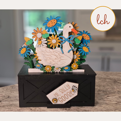 Hi Silly Goose Spring Floral Insert – Hand‑Painted Wooden Laser Cut Seasonal Trunk & Crate Piece