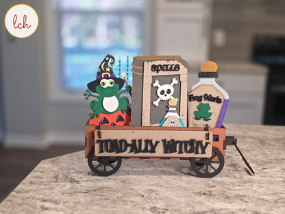 Toad-ally Witchy Frog Halloween Wooden Laser Cut Hand-Painted Wagon & Raised Shelf Sitter Seasonal Insert (insert only)