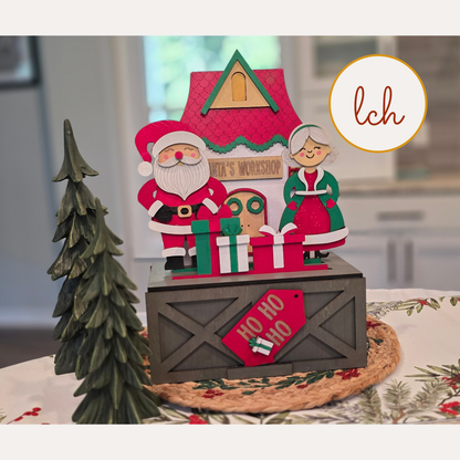 Mr & Mrs Claus Santa House Insert, Interchangeable Trunk & Farmhouse Crate Sign, Hand-Painted Laser Cut Wood Christmas Holiday Decor