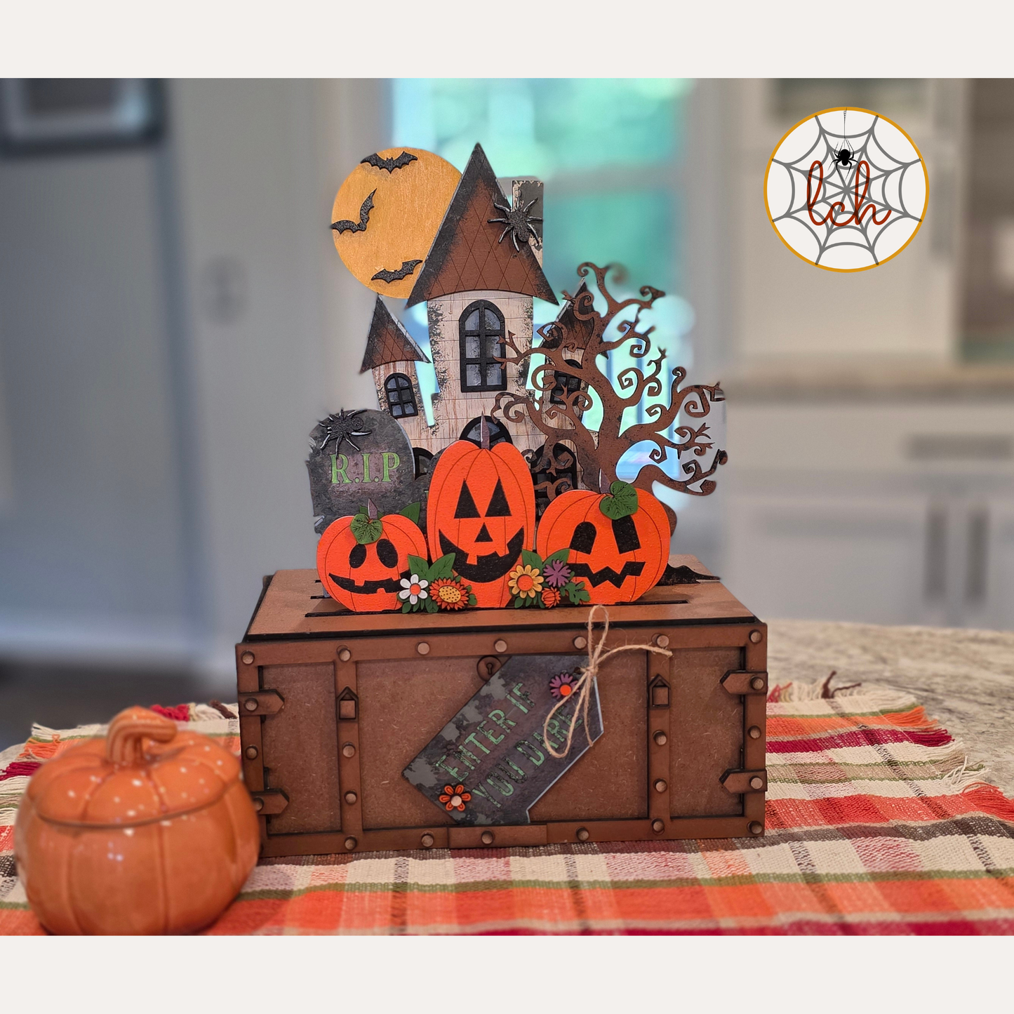Halloween Haunted House Crate Insert | Interchangeable Enter If You Dare Wood Sign for Farmhouse Crate & Trunk | Hand Painted Laser Cut