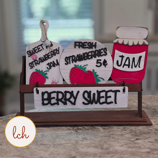 Berry Sweet Strawberry Summer Wagon Insert, Hand Painted Shelf Sitter Decor, Tiered Tray Sign (insert only)