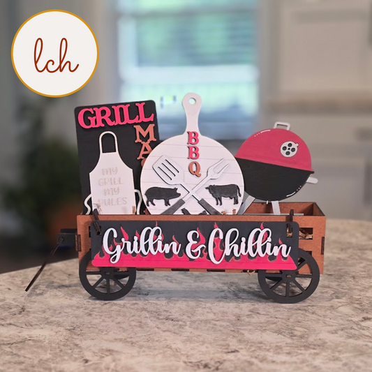 Grill Master BBQ Wagon Insert, Summer Shelf Sitter, Hand Painted, Choose Red or Silver Grill (insert only)