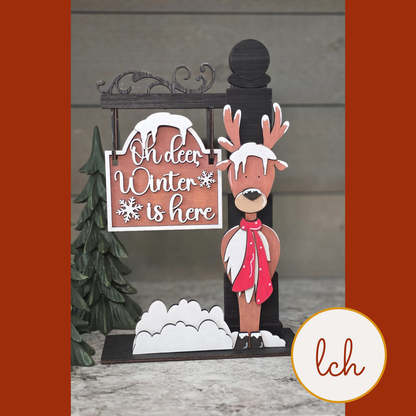 Oh Deer! Winter’s Here Mini Signpost & Door Insert, Wooden Laser Cut & Hand Painted (insert only)
