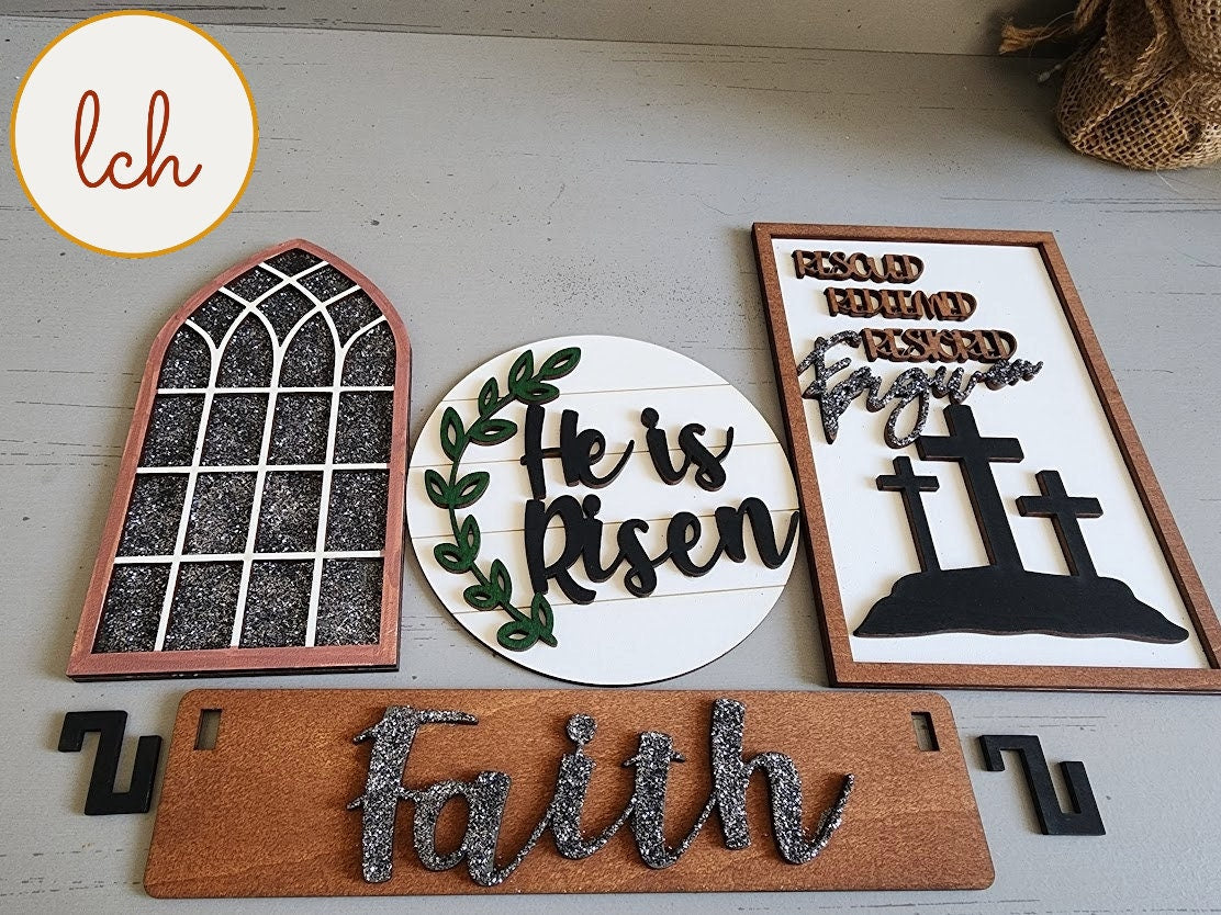 He Is Risen Easter Interchangeable Shelf Sitter Inserts - Handcrafted Wooden Laser Cut & Hand Painted Decor (Insert Only)