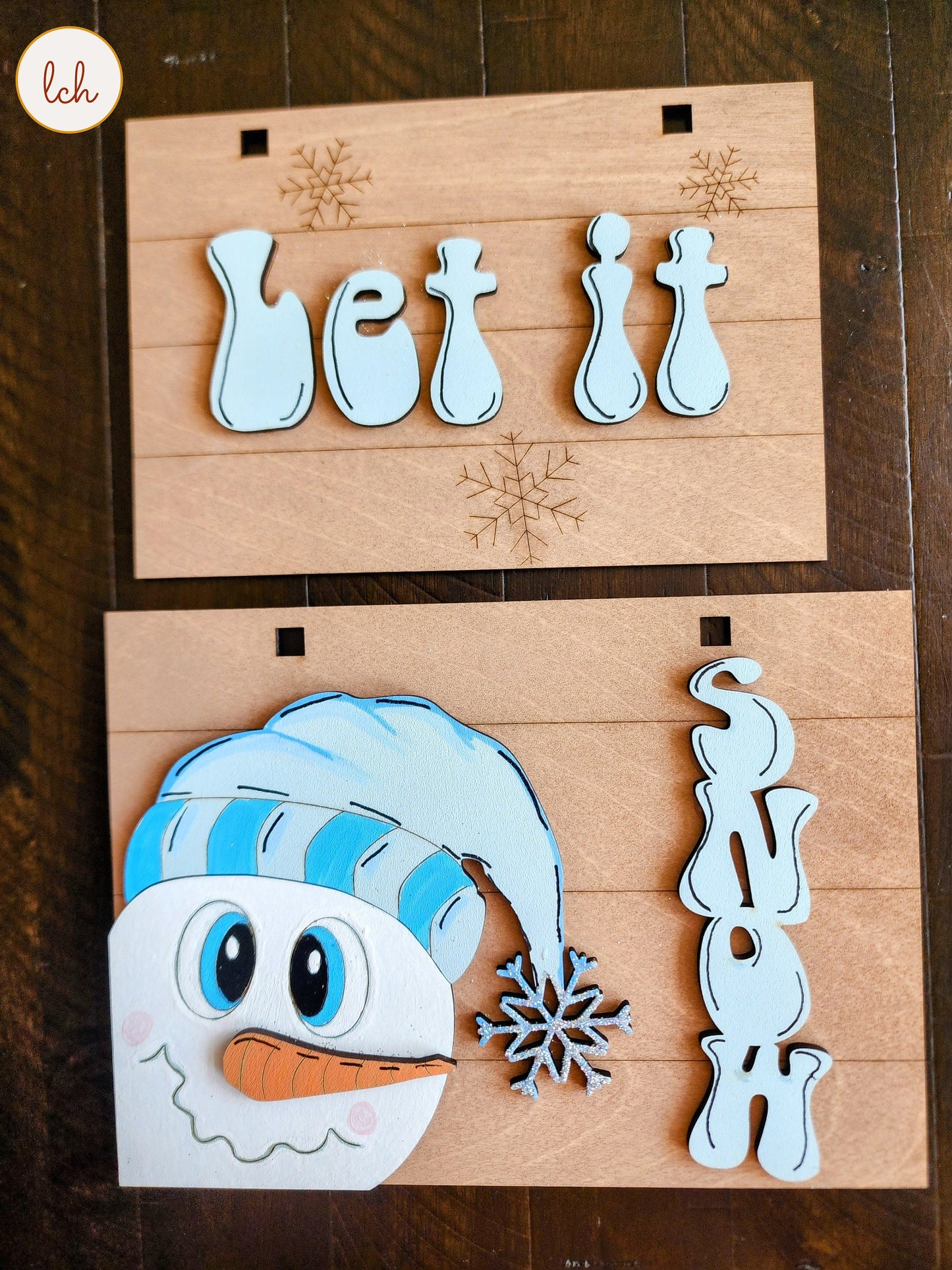 Snowman ‘Let It Snow’ Winter Hanger - Hand Painted, Wooden Laser Cut Ladder Picture Frame (Hanger Only)
