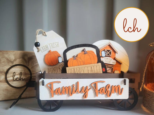 Family Pumpkin Farms Fall Themed Wooden Laser Cut, Hand Painted Wagon & Raised Shelf Sitter Seasonal Insert (insert only)