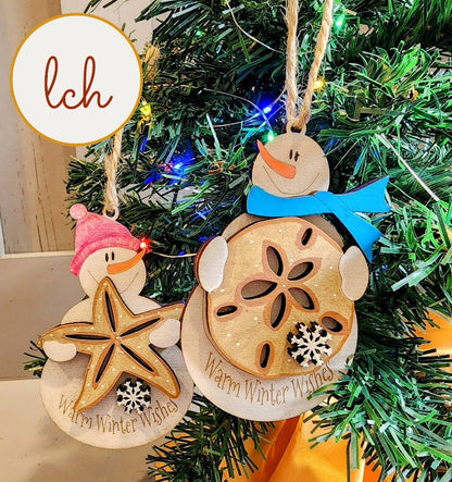 Custom Wooden Laser-Cut Sea Shell & Snowman Christmas Ornaments – Personalized Holiday Decor for Couples and Families