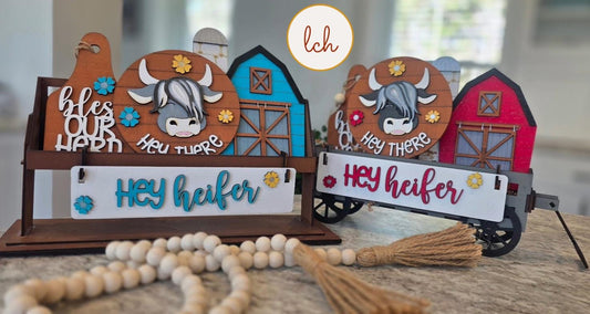 Hey Heifer Hey Highland Cow Insert – Wooden, Laser Cut, Hand-Painted – Fits Interchangeable Shelf Sitters – Insert Only