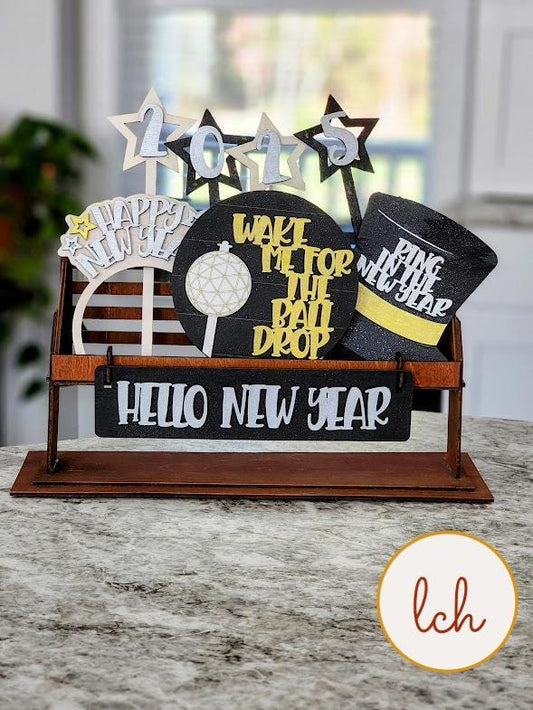 Hello New Year Wooden Laser Cut Hand Painted Interchangeable Shelf Sitter Insert - Festive Home Decor (Inserts Only)