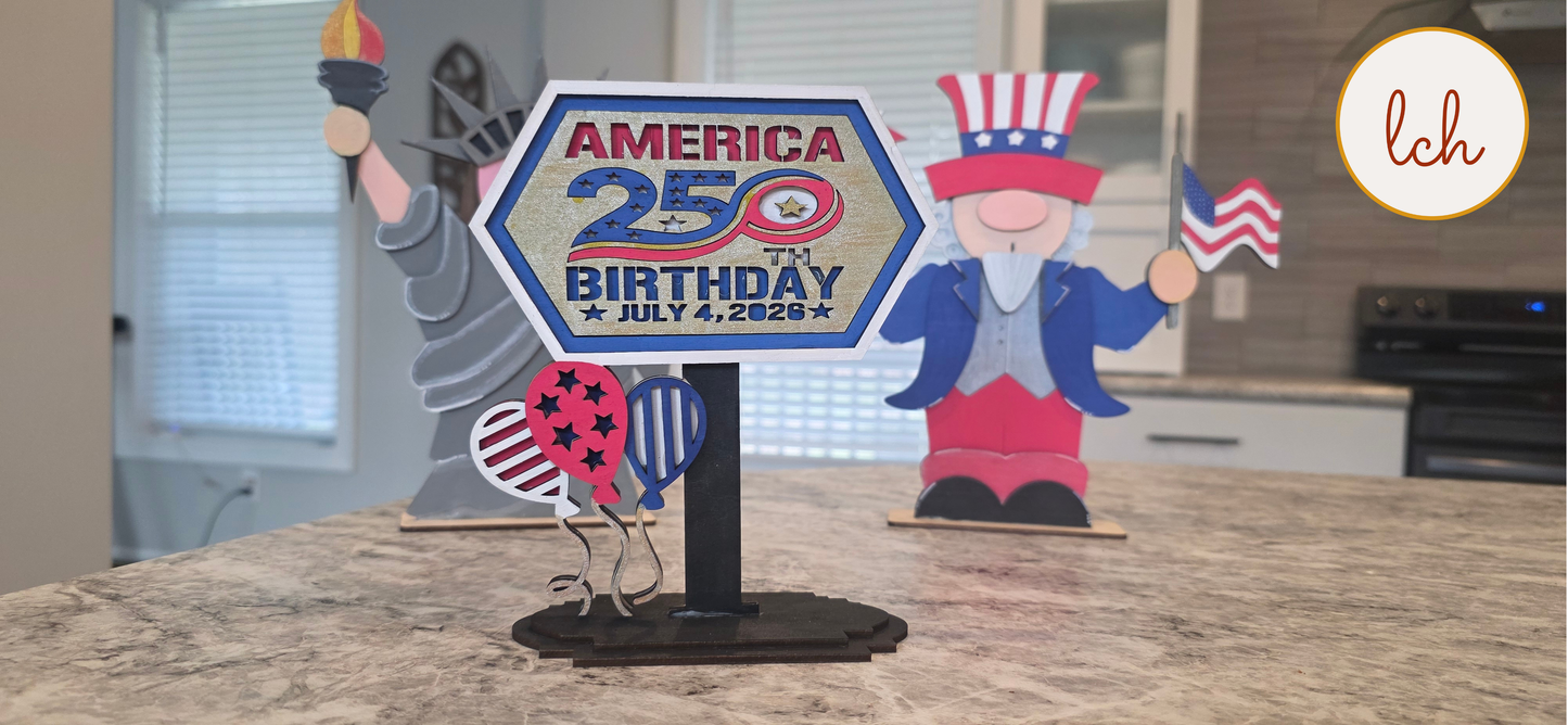 Uncle Sam & Statue of Liberty Gnome America 250 Birthday Wooden Laser Cut Hand-Painted Shelf Sitter Decor