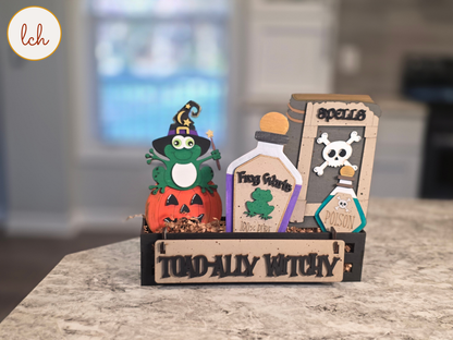 Toad-ally Witchy Frog Halloween Wooden Laser Cut Hand-Painted Wagon & Raised Shelf Sitter Seasonal Insert (insert only)