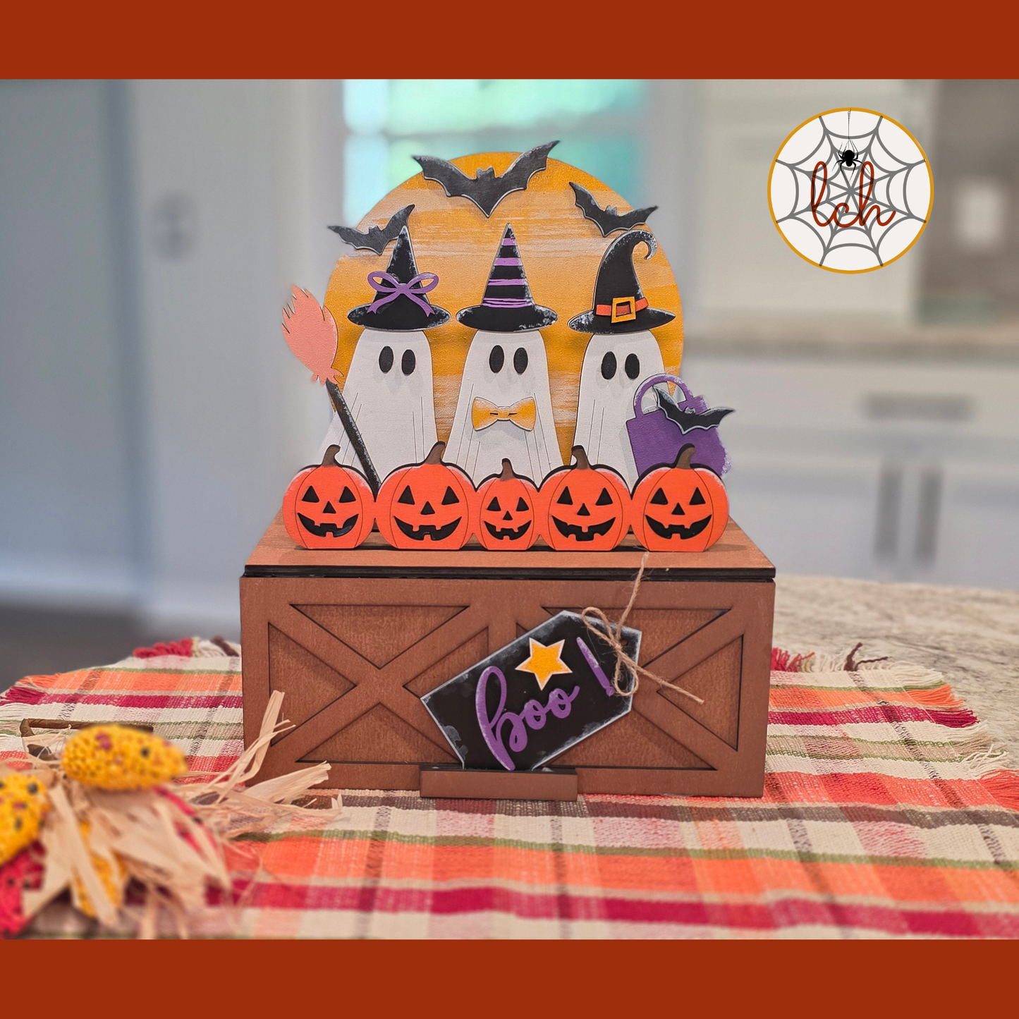 Halloween Boo! Ghost Witch Wood Insert, Hand-Painted Laser Cut Decor for Interchangeable Farmhouse Crate & Trunk Base