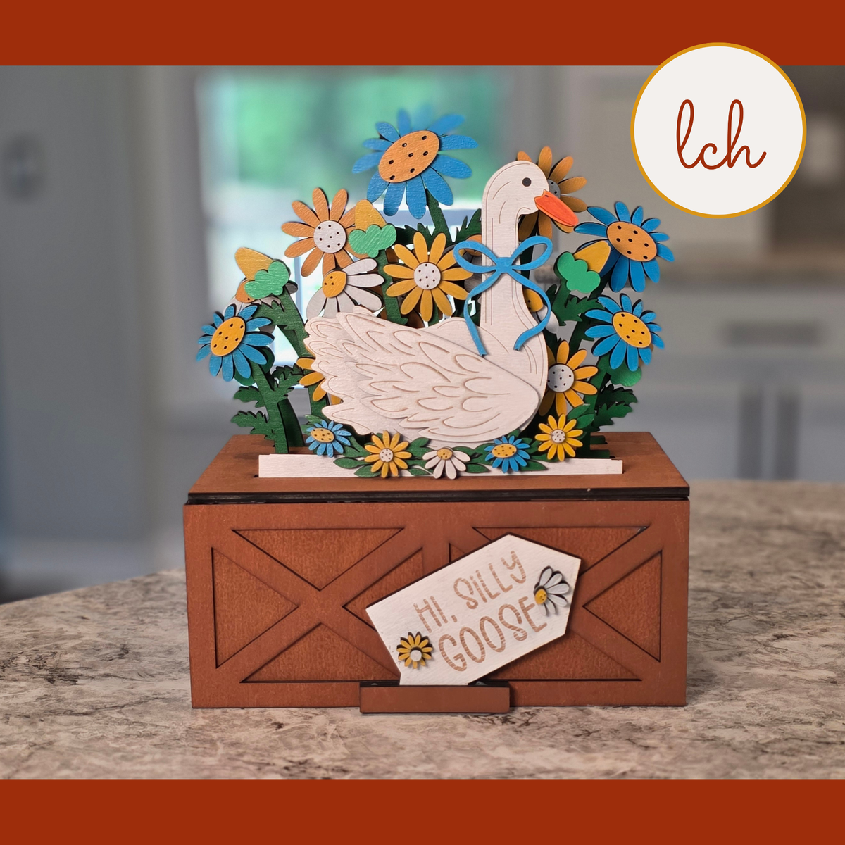 Hi Silly Goose Spring Floral Insert – Hand‑Painted Wooden Laser Cut Seasonal Trunk & Crate Piece