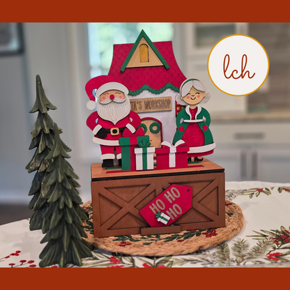 Mr & Mrs Claus Santa House Insert, Interchangeable Trunk & Farmhouse Crate Sign, Hand-Painted Laser Cut Wood Christmas Holiday Decor