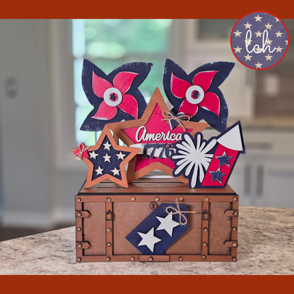 Red White & Blue America 1776 Insert | Wooden Laser‑Cut Hand‑Painted Trunk & Farmhouse Crate Decor