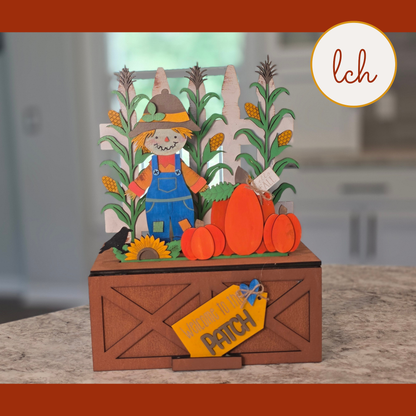 Welcome to Our Patch Scarecrow Insert | Fall Seasonal Wooden Laser Cut Hand‑Painted for Crate & Trunk Bases