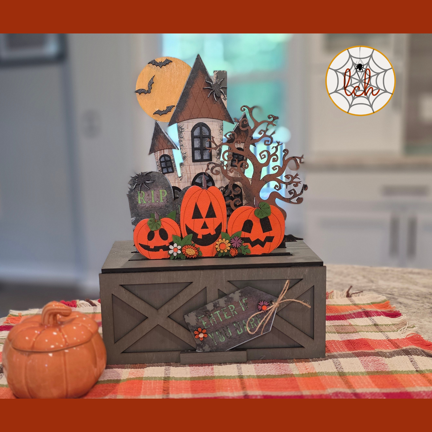 Halloween Haunted House Crate Insert | Interchangeable Enter If You Dare Wood Sign for Farmhouse Crate & Trunk | Hand Painted Laser Cut