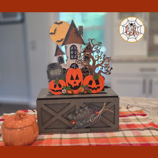 Halloween Haunted House Crate Insert | Interchangeable Enter If You Dare Wood Sign for Farmhouse Crate & Trunk | Hand Painted Laser Cut