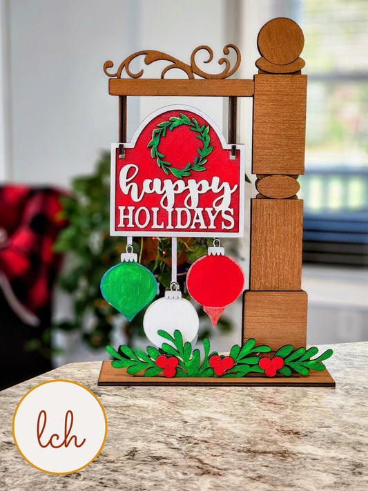 Happy Holidays Christmas Insert - Wooden Laser Cut, Hand Painted, Mini Interchangeable Signpost (Insert Only)
