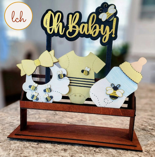 Oh' Baby - Hand-painted Bee-Themed New Baby Interchangeable Shelf Sitter Inserts - Wooden Laser Cut Decor for Nursery - (Inserts Only)